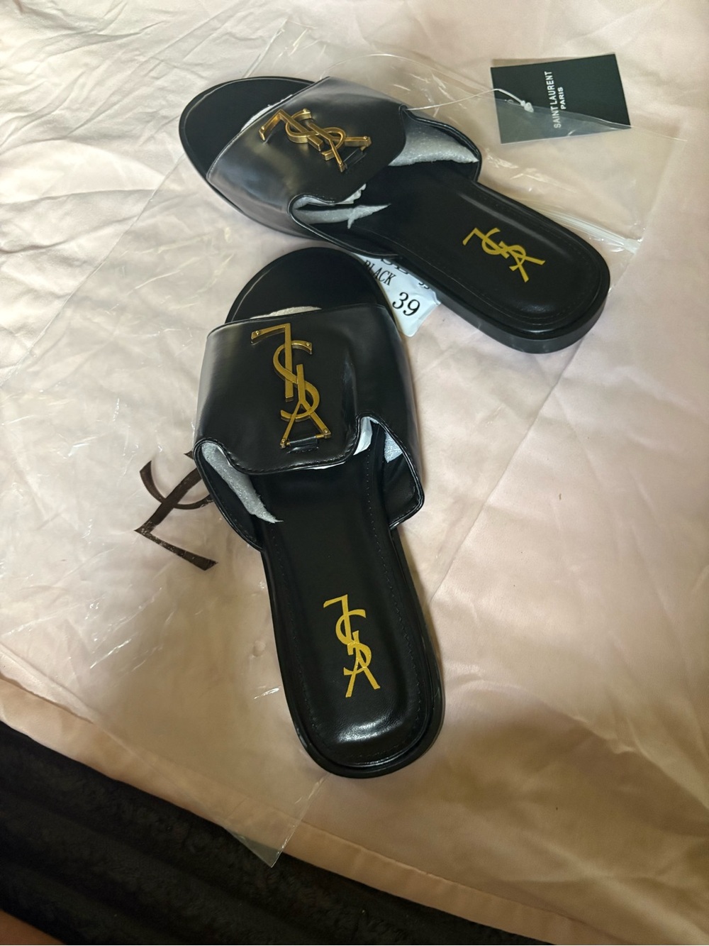 Saint Laurent Black Leather Slide Sandals with Gold YSL Monogram